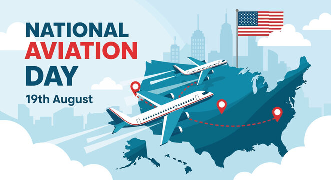 flat illustration banner of National Aviation Day on August 19th, featuring airplanes flying over a map of the USA with an American flag and city skyline in the background - Powered by Adobe