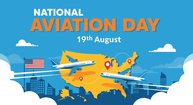 flat illustration banner of National Aviation Day on August 19th, featuring airplanes flying over a map of the USA with an American flag and city skyline in the background