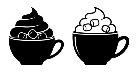 Vector art of two black silhouette icons of cups filled with hot drinks topped with whipped cream and marshmallows, isolated on white background