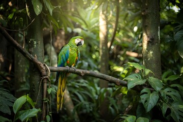 Obraz premium Military macaw perched on a branch in the rainforest, looking to the side