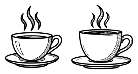 Vector art of two cups of hot coffee or tea with steam rising, served on saucers