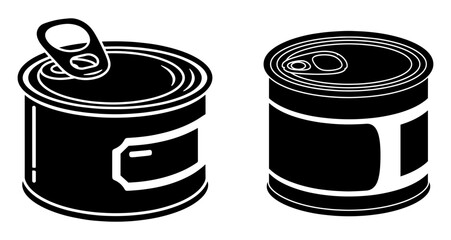 Vector art of two black and white cans, one open, isolated on white background