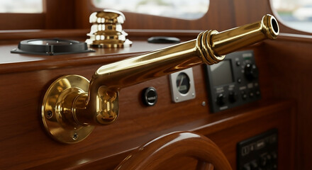 A close-up of a vintage polished brass speaking tube on the wooden helm of a classic luxury yacht.