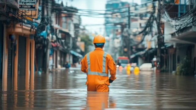 Man in Orange Safety Gear Navigates Through Flooded Urban Street Amidst Signs of Devastation 4k video footage