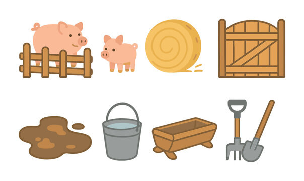 Pigsty Illustration Icons. Flat vector mini-illustrations pigsty with wooden fence in colors children's