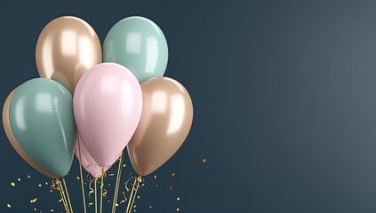 Bunch of pastel balloons, gold confetti, dark background