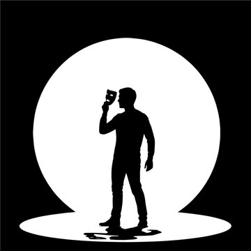 Vector art of silhouette of an actor holding a mask in a spotlight on a dark stage