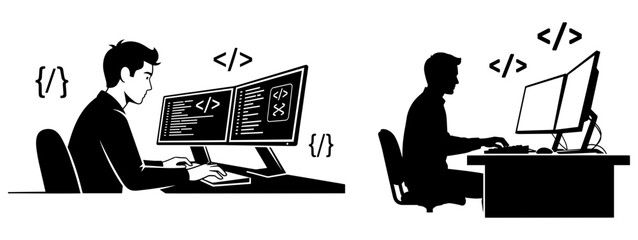 Vector art of silhouette of a programmer working on a computer with multiple screens displaying code, isolated on white background