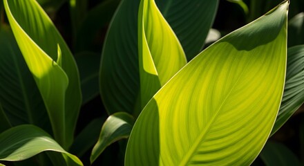 A close-up of lush green leaves backlit by bright sunlight. A vibrant, natural background showing detailed leaf texture and veins, for fresh, tropical, or eco concepts.