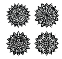 Intricate Mandala Floral Icon Set, Black Decorative Vector Ornaments