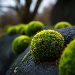 Close-up of vibrant green moss balls on dark rock