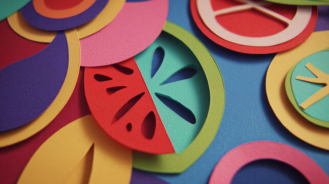Cut-out paper shapes on colorful mat - Powered by Adobe