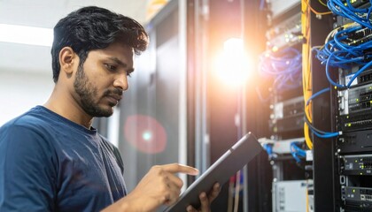 Professional IT technician working on servers with a tablet in a modern data center environment