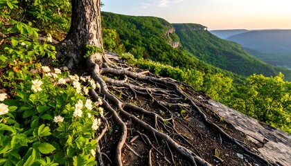 Fototapeta premium Tree Roots and White Wildflowers Overlooking Green Mountains at Sunset