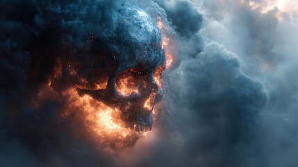 Fototapeta premium Fiery skull in stormy clouds