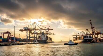 Cargo ships are being unloaded at the port with the help of tug boats at sunset or sunrise
