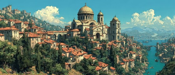 River view cityscape with mountains