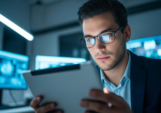 Focused businessman working late on tablet