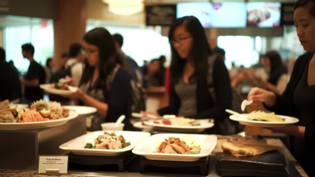 Students enjoy delicious meals at bustling campus cafeteria during lunch break, fueling up for afternoon classes with friends and diverse food choices