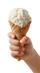 Child's hand holding bitten-off ice cream isolated on a white background
