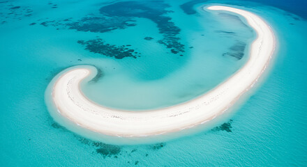 Fototapeta premium Aerial View of a Curved Sandbank in Turquoise Water.