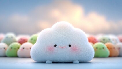 Fluffy cloud character smiles amongst a crowd of pastel-colored cloud friends