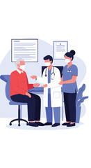 Medical professionals consult with an elderly patient providing healthcare assistance and guidance