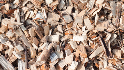 The photo shows a close-up of wood chips