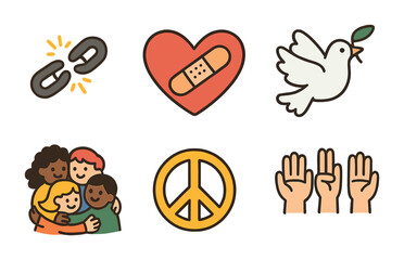 Fototapeta premium Peaceful Protest Icons. Flat vector mini-illustrations anti-violence protests in colors children's