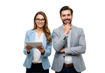 Two engaged professionals, a woman with a tablet and a man in a suit, stand together, radiating confidence and collaboration (PNG).
