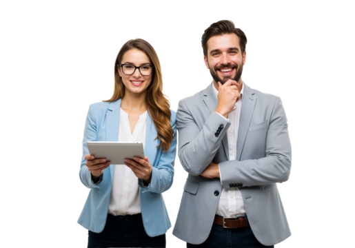 Two engaged professionals, a woman with a tablet and a man in a suit, stand together, radiating confidence and collaboration (PNG).
