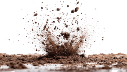 A dramatic explosion of brown dirt against a transparent background