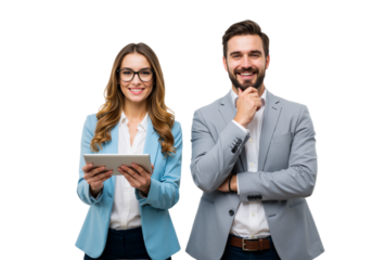 Two engaged professionals, a woman with a tablet and a man in a suit, stand together, radiating confidence and collaboration (PNG).