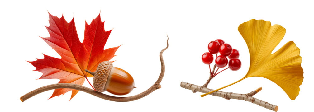 Autumn maple and ginkgo leaves with acorn, red berries, and branches, realistic fall elements on transparent background for seasonal decoration or nature-themed design