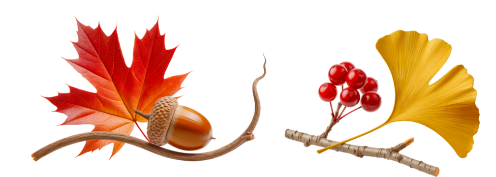 Autumn maple and ginkgo leaves with acorn, red berries, and branches, realistic fall elements on transparent background for seasonal decoration or nature-themed design