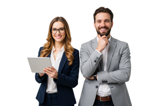  Two confident professionals stand side by side, smiling warmly against a transparent background, exuding teamwork and collaboration (PNG).
