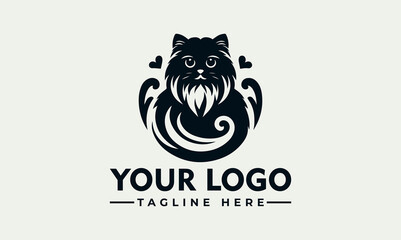 Elegant black cat logo design, encircled by stylized waves and hearts, perfect for pet businesses.