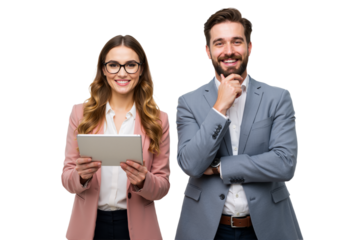 Two confident professionals stand side by side, smiling warmly against a transparent background, exuding teamwork and collaboration (PNG).