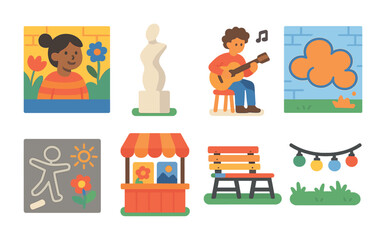 Fototapeta premium Vibrant Urban Art Icons. Flat vector mini-illustrations Urban art in pedestrian zones in colors children's