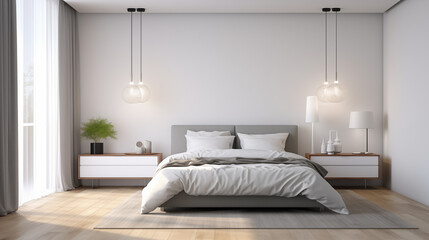minimalist bedroom with grey bedding and pendant lights