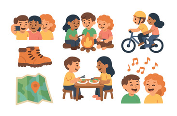 Childhood Adventures Icons. Flat vector mini-illustrations Treasured friendships and shared adventures in