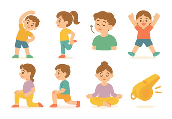 Children's Warm-Up Icons. Flat vector mini-illustrations Warm-up and stretching exercises in colors children's