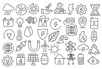 Hand Drawn Energy and Electricity Icons Set – Doodle Style Renewable Energy, Eco Power, Solar, Electric Car, Recycling, Battery, Sustainability, Green Technology