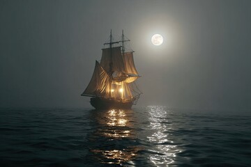 An antique sailing ship navigates a foggy, moonlit sea.  A large, full moon hangs in the darkening sky.  Warm, golden light emanates from within the vessel