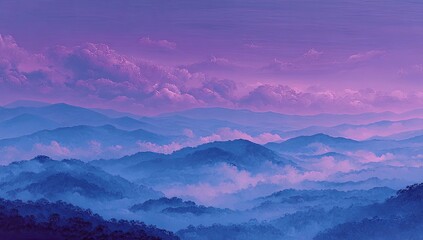Obraz premium Panoramic mountain vista bathed in a vibrant, purple-tinged sunset. Misty valleys and forested slopes stretch across the horizon