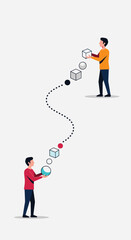 Fototapeta premium Two people exchanging objects through a flowing dotted line demonstrating data transfer or communication between entities
