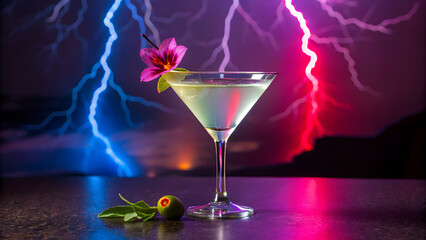 Refreshing martini with floral garnish awaits amidst dramatic electric storm