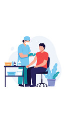 Fototapeta premium Medical professional administering vaccine to patient in clinic setting with medical supplies and plant