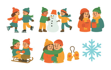 Winter Couples Fun. Flat vector mini-illustrations winter couples fun in colors children's illustrations: ice