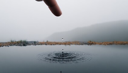 Fingertip drips water, creating ripples in a calm pool. Misty mountain range in the background